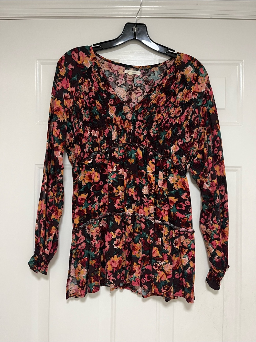 Maurices Black Floral Smocked Peplum Top Medium